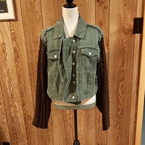 🥀NWT POL Green Denim Black Mineral-Washed Knitted Sleeves Jacket (L)🥀 - Picture 1 of 9